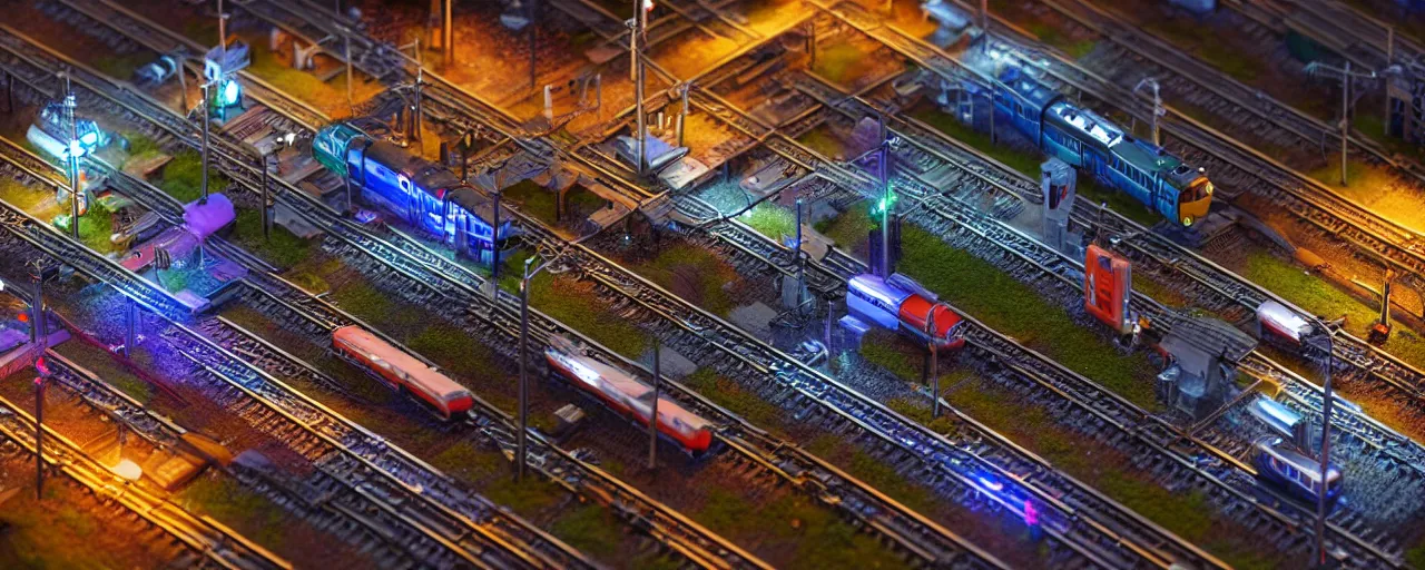 Prompt: mega detailed miniature voxel diorama of huge railway junction by night, futuristic architecture, tilt shift, volumetric lighting, several trains on rails, near future 2 0 3 0