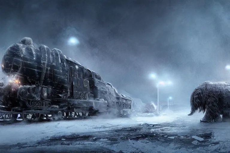 Image similar to an intricate futuristic black steam train and a giant mammoth, post - apocalyptic ice landscape in snowstorm, concept art, artstation, highly detailed, digital art