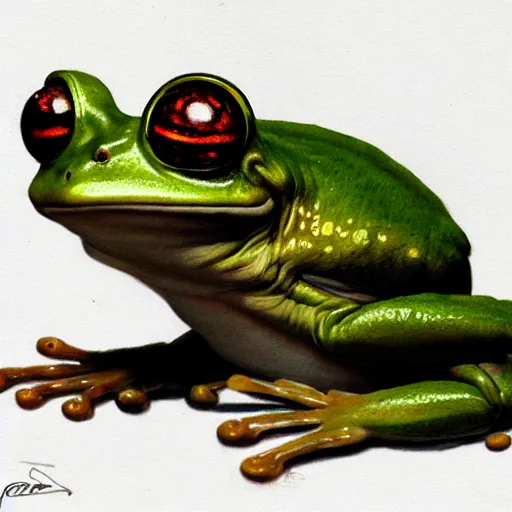 Prompt: hyper realistic caricature of a derpy frog person by greg rutkowski