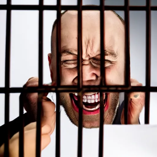 Prompt: a screaming man stuck inside a cage made of tedious paperwork