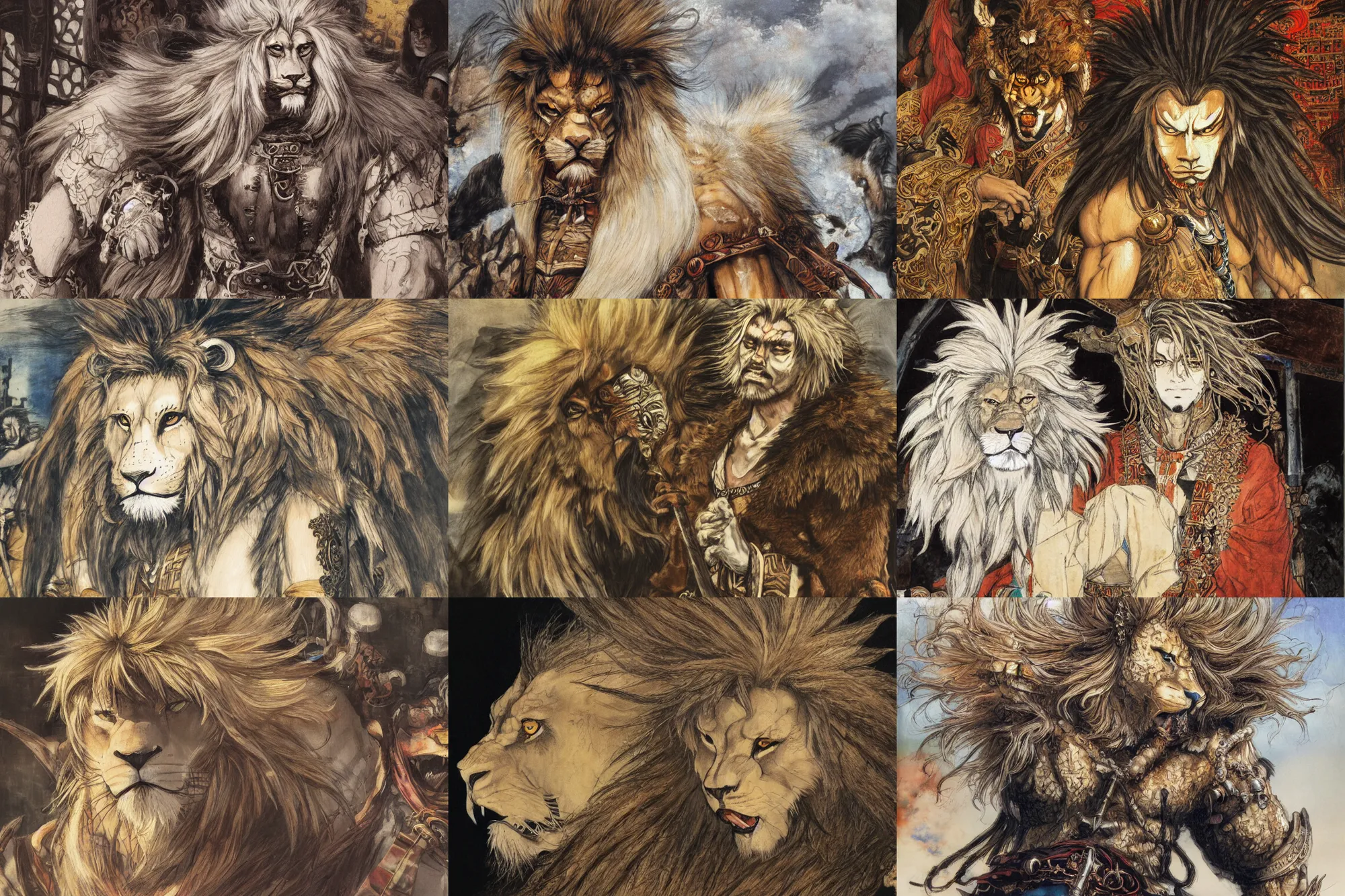 Image similar to 8k Yoshitaka Amano painting of upper body of a young cool looking lion beast-man at a medieval market at windy day. Depth of field. White hair, He is wearing complex tribal clothing. He has huge paws. Renaissance style lighting.