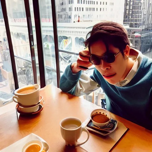 Image similar to a collection of vacation photos of byun baekhyun drinking tea in a cafe in downtown new york, photography, 5 0 mm, kodak film, uhd 8 k, stylistic blur