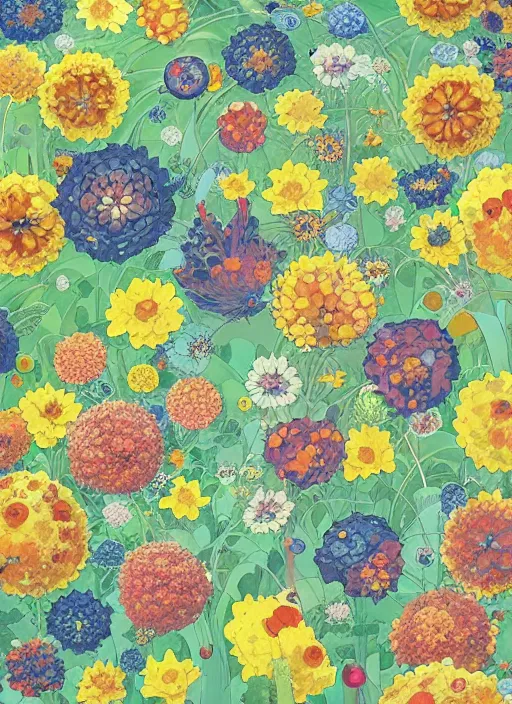 Image similar to multiverse of flowers, garden flowers pattern!!!, berries!!, dragonflies | illustrated by satoshi kon and greg rutkowski, 7 0's vintage sci - fi design