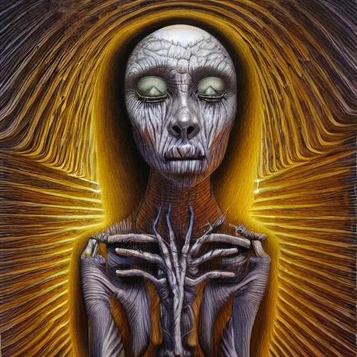 Prompt: HER AFTER LIFE FROM A MIRROR by jacek yerka, alex gray, zdzisław beksiński, dariusz zawadzki, jeffrey smith and h.r. giger, oil on canvas, 8k highly professionally detailed, trending on artstation