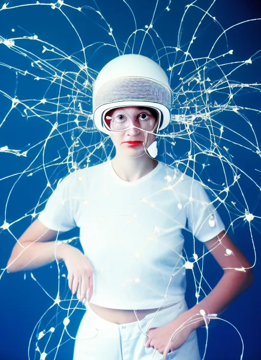 Image similar to realistic photo portrait of a a scientist girl dressed in white shorts, dressed in white plastic spherical helmet hat, particles aura electricity, 1 9 9 0, life magazine photo, natural colors,