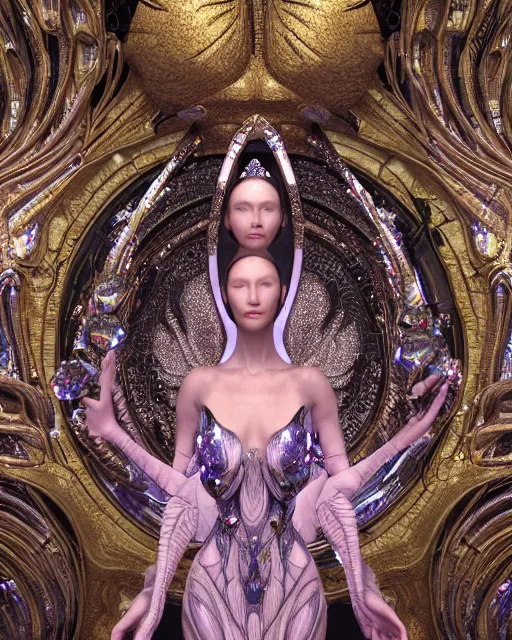 Image similar to a highly detailed metahuman 4 k close up render of an alien goddess bella hadid monument gothic in iris van herpen dress schiaparelli in diamonds crystals swarovski and jewelry iridescent in style of alphonse mucha gustav klimt trending on artstation made in unreal engine 4