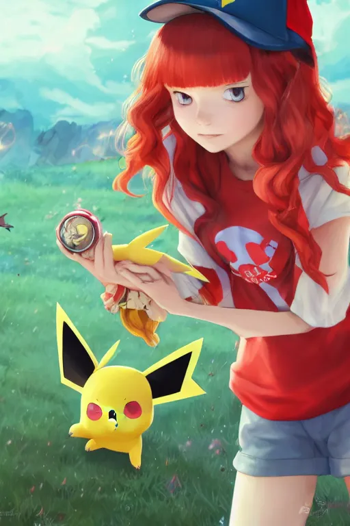 portrait of cute pokemon trainer girl with vibrant red, Stable Diffusion