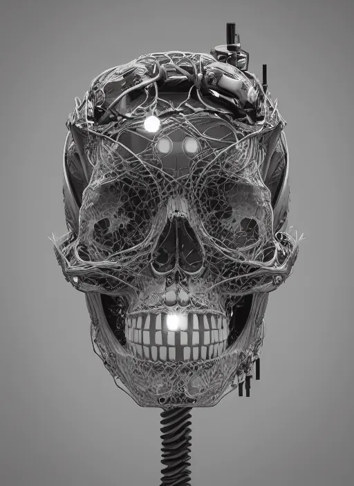 Image similar to an intricate detailed scifi skull plugged into wires by vitaly bulgarov, ivy, hardmesh, unreal engine 5, cyberpunk