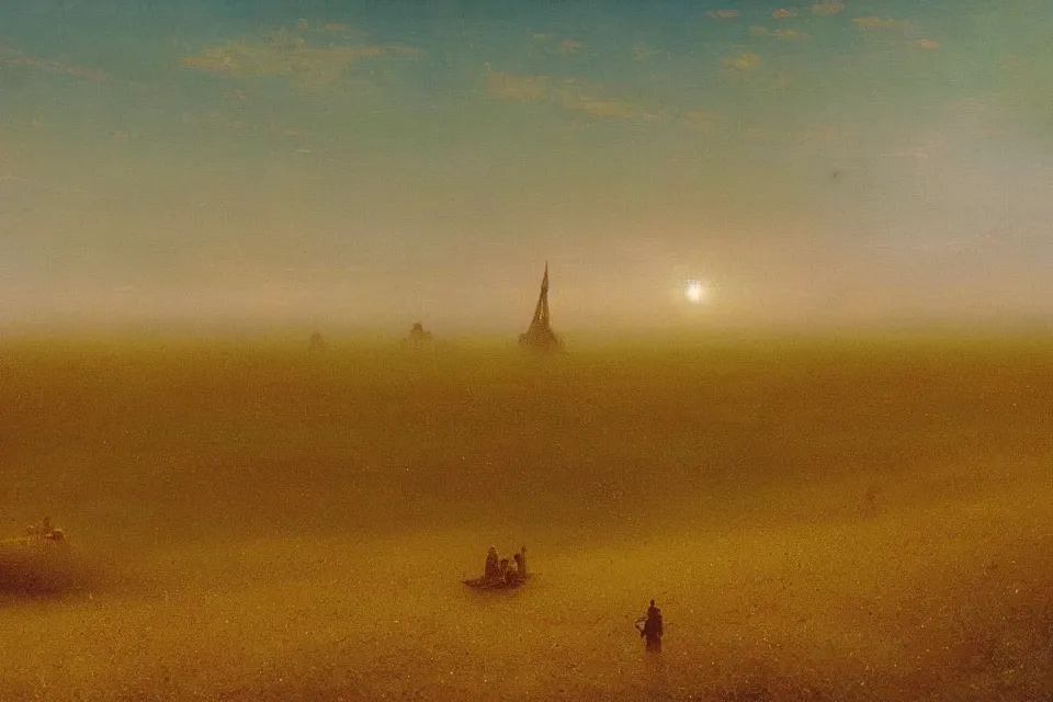 Image similar to sci-fi painting of a large alien city on the wheat fields, the closed back view of one humanoid robot on the ground, by Ivan Aivazovsky , godrays, detailed