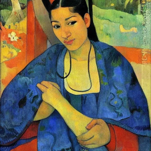 Image similar to very attractive and sensuous central asian woman realistic, full body, natural style by paul gauguin