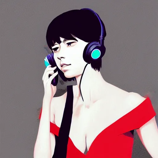 Prompt: a woman with headphones on, digital painting masterpiece, by ilya kuvshinov and rockin jelly bean