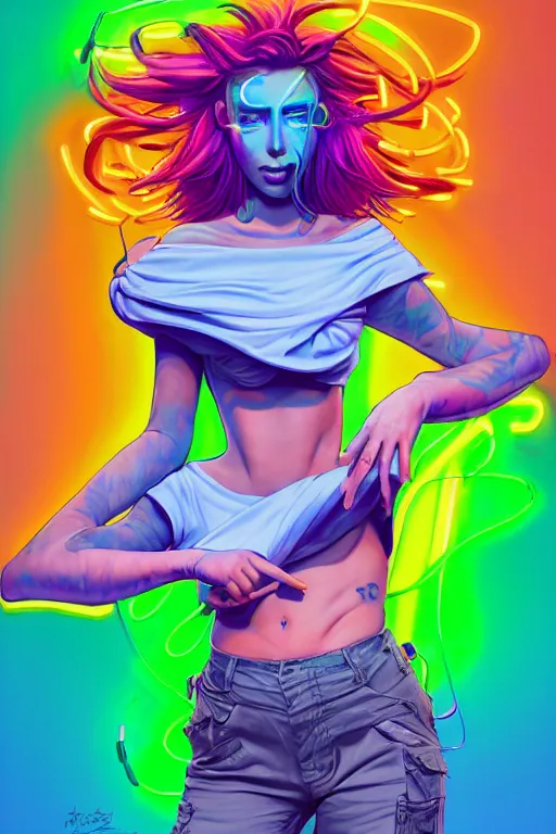 Image similar to a award winning full body portrait of a beautiful woman with stunning eyes in a one off shoulder croptop and cargo pants with rainbow colored hair, outlined by whirling illuminated neon lines and fine lines swirling in circles by jesper ejsing and rhads and makoto and shinkai and lois van baarle, digital art, trending on artstation