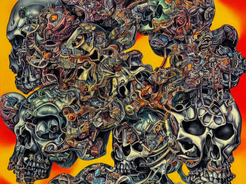 Image similar to technopathic skulls, high detail, highly abstract, vivid colors, a little bit touch of M. C. Escher