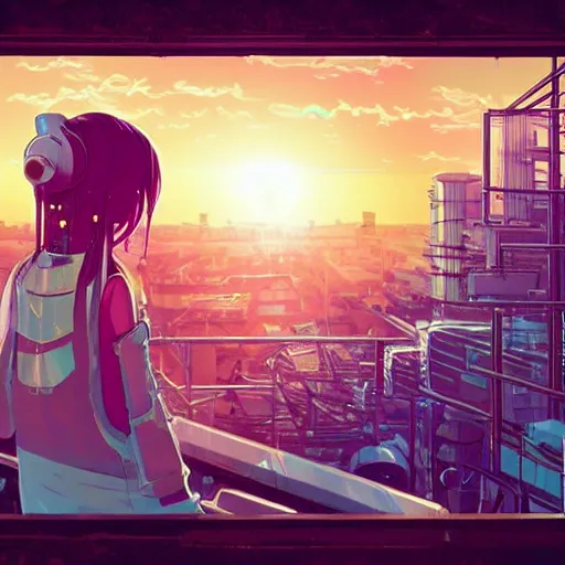 Prompt: android mechanical cyborg anime girl child overlooking overcrowded urban dystopia. long flowing soft hair. scaffolding. pastel pink clouds baby blue sky. gigantic future city. raining. makoto shinkai. wide angle. distant shot. sunset ocean reflection. purple sunset. perfectly circular sun. cute vibe.