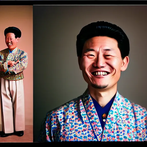 Image similar to photography of smiling north korean kim chen in by araki nobuyoshi. kim chen in wearing ( traditional - ukrainian shirt ) designed by taras shevchenko.