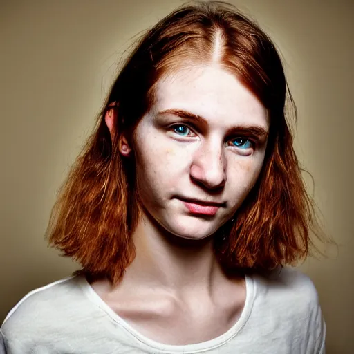 Image similar to an award winning close up portrait of face of cute 1 9 year old white woman with tired eyes, no makeup, strong jawline, skinny, short straight ginger hair in a bob style with no bangs, black t shirt, flash photography, photographed by terry richardson