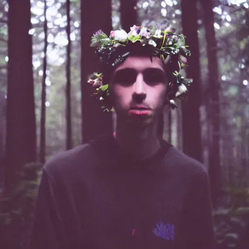 Image similar to close up kodak portra 4 0 0 photograph of a skinny guy standing in a dark forest, flower crown, flower covering mouth, moody lighting, telephoto, 9 0 s vibe, blurry background, vaporwave colors, faded!,