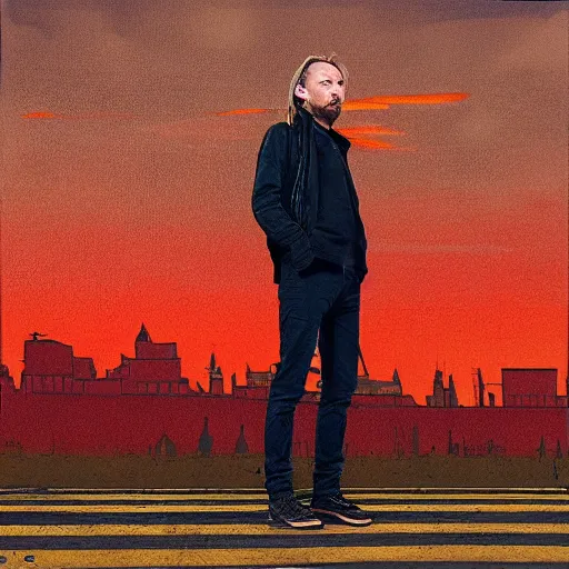 Image similar to thom yorke standing in moscow street, full body, more details, red sky, super realistic,