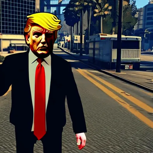 Prompt: donald trump busted in gta v gameplay, isometric view, ps 5 screenshot, third person perspective, 3 d render, cryengine, highly detailed