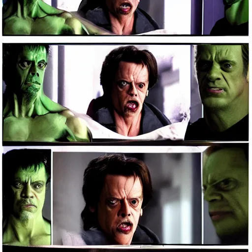 Image similar to steve buscemi as bruce banner turning into the hulk, multiple transformation phases, film still from a movie directed by wachowskis