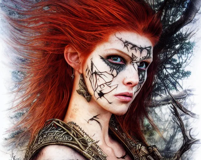 Image similar to 5 5 mm portrait photo of an armored gorgeous anesthetic redhead woman warrior with a face tattoo and wing growing from her head, in a magical forest in the style of stefan kostic, art by luis royo. highly detailed 8 k. intricate. lifelike. soft light. nikon d 8 5 0. cinematic post - processing