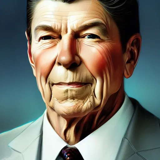 Prompt: portrait of ronald reagan, intricate, elegant, highly detailed, digital painting, blue light, artstation, concept art, smooth, sharp focus, illustration, art by artgerm and greg rutkowski and alphonse mucha and william - adolphe bouguereau