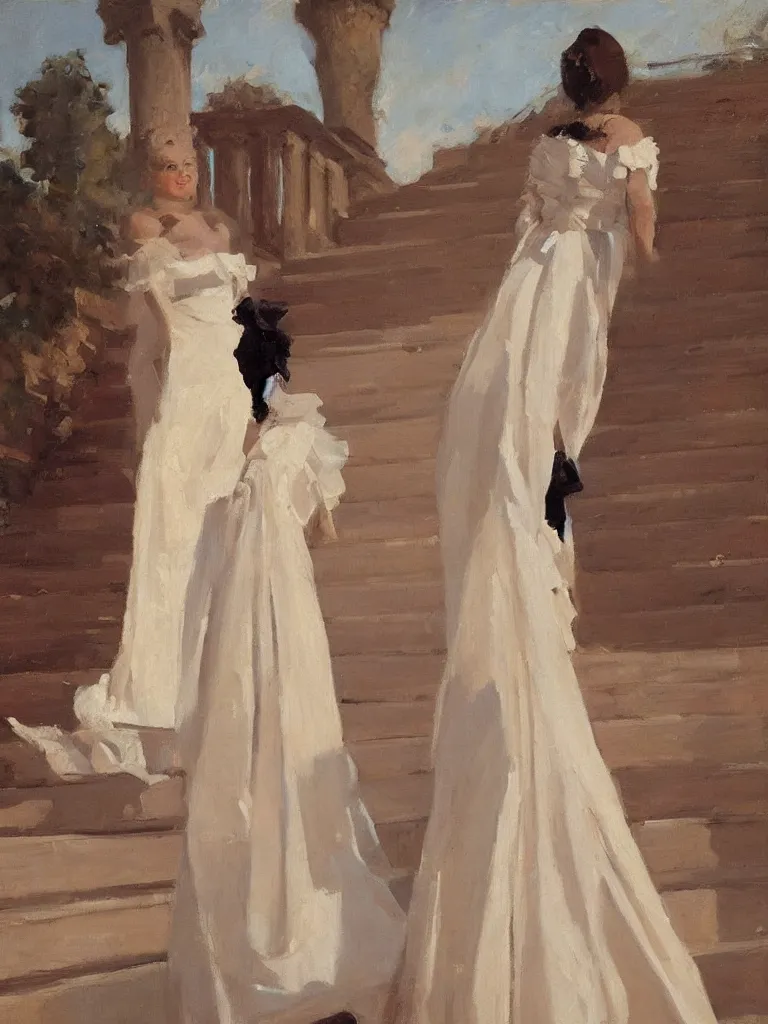 Image similar to gorgeous princess with a fabulous dress, by Ben aronson, oil on canvas, evening, standing on palace stairs, 1900