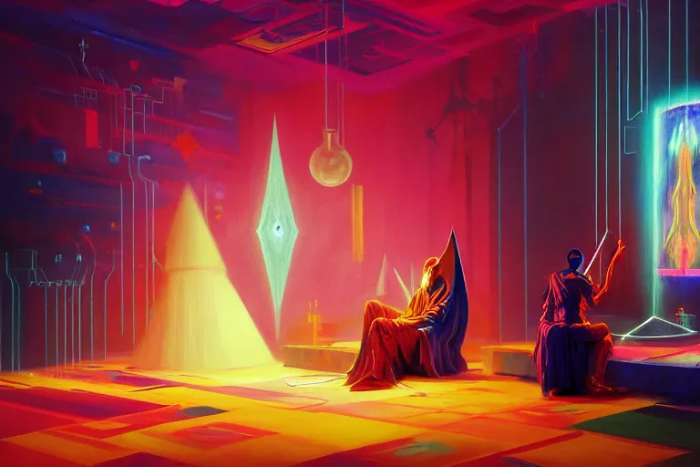 Image similar to a beautiful masterpiece painting of a technomancer wizard in robes with pointed hood discussing sentience with his synthesized AI djinn in his laboratory near a computer by Remedios Varo and Anato Finnstark and Greg Rutkowski, dayglo pink, dayglo blue, dazzle camouflage, 8k, trending on ArtStation