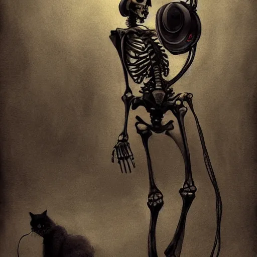 Image similar to skeleton wearing headphones, watching girl playing guitar while her black cat standing next to her, detailed intricate ink illustration, dark atmosphere, detailed illustration, hd, 4k, digital art, overdetailed art, by greg rutkowski, by loish, complementing colors, Trending on artstation