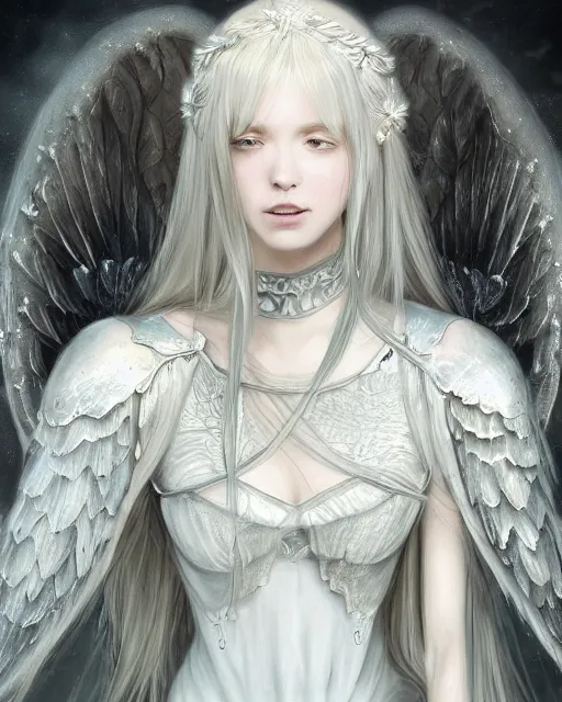 Image similar to an infinitely detailed portrait of a frail and pale female peace angel elegantly. fully - clothed full - body, beautiful! scenery art!! coherent! by wlop & murata range, victorian armor trim, cold color palette, artstation / pixiv!! elegantly armored angel portrait full - body, dreamy art