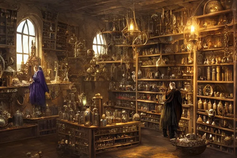 Image similar to Beautiful hyperrealistic detailed award winning photography of an alchemist in its alchemy shop filled with magical artifacts that looks like it's from lord of the rings and bazaar by greg rutkowski, andreas rocha and john howe, and Martin Johnson Heade,featured on artstation, ultrawide angle,f16 , golden ratio, f32, well composed, cohesive