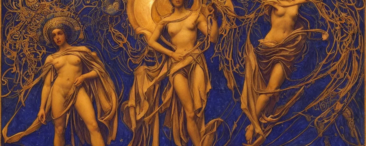 Image similar to saint woman, venus, athena, queen, by annie swynnerton and nicholas roerich and jean delville, strong dramatic cinematic lighting, ornate headdress, flowing robes, lost civilizations, smooth, sharp focus, extremely detailed, marble, stars, gold, space