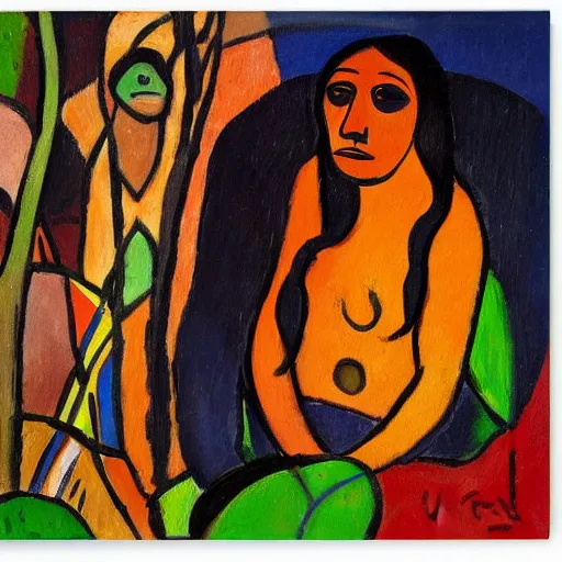 Image similar to painting of a tiger and young native american woman in a jungle by alexej von jawlensky