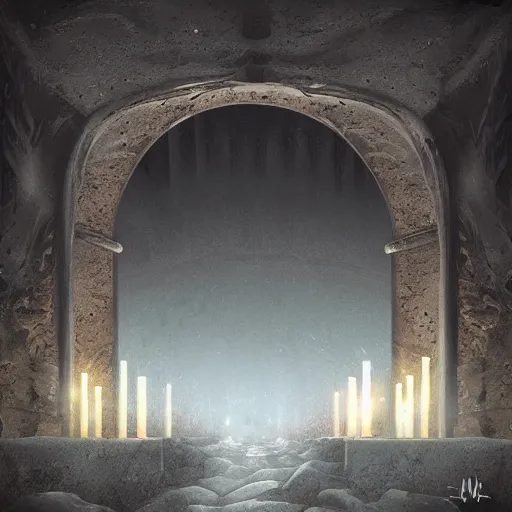 Prompt: vast underground cavernous necropolis with a candle illuminating it, digital painting, dimmed lighting, gloomy, photorealistic, hypwr detailed