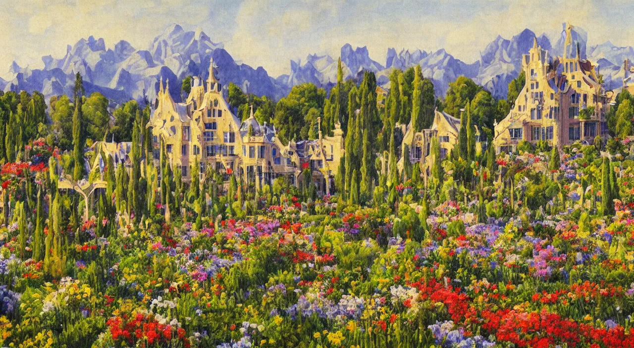 Prompt: a landscape painting of a manor designed by Antoni Gaudí, with flower fields as foreground, with mountains as background