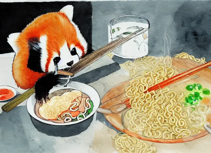 Image similar to red panda eating ramen noodles, water color illustration, by miyazaki