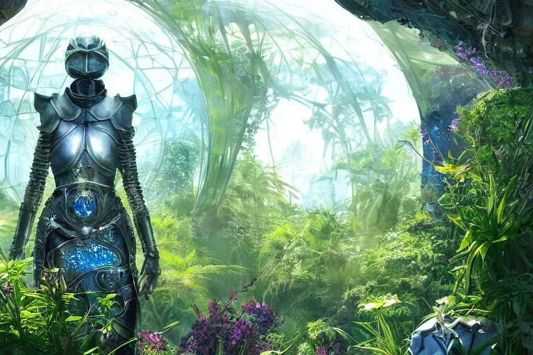 Prompt: detailed female knight errant in a high tech botanical world with blue skies| pristine metals, glass and plants | solarpunk | artstation | high detail | Wayne Reynolds, Vincent Callebaut