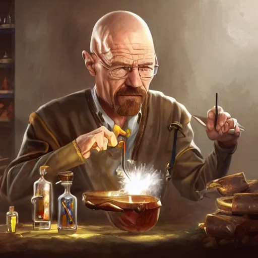 Image similar to Walter White as an Alchemist mixing the Potion of Swift Wind, fantasy illustration by Tony Sart, Trending on artstation