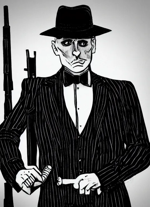 Image similar to a man in a pinstripe suit holding a gun