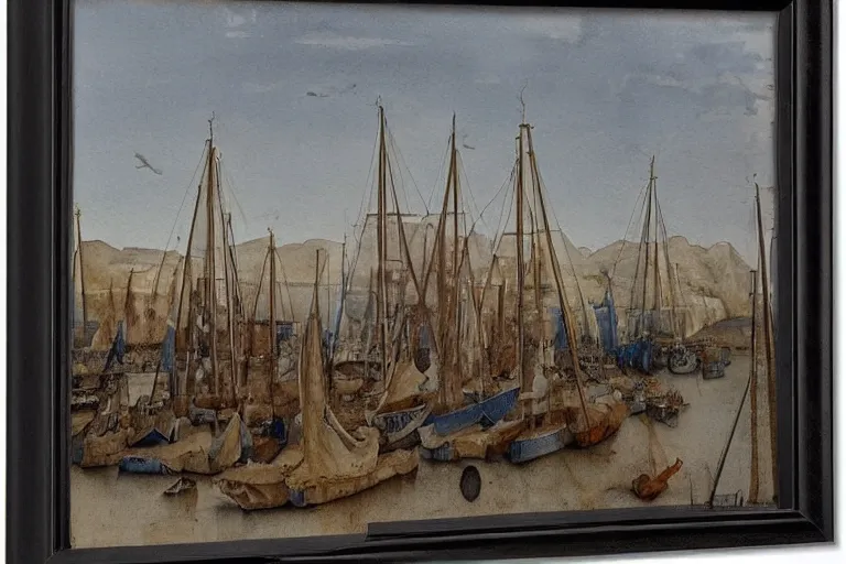 Prompt: watercolor landscape of a 5 boats in harbor by albrecht durer, masterpiece