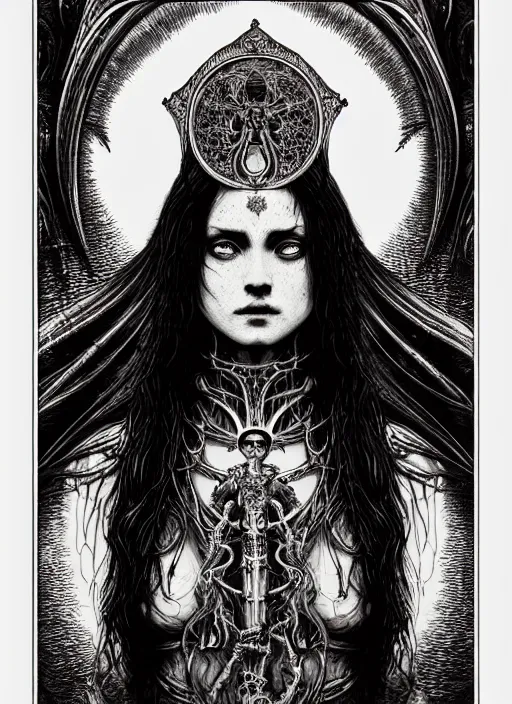 Image similar to beautiful priestess girl tarot card portrait, biomechanical, intricate artwork masterpiece, majestic, doom cinematic lighting, volumetric 8 k, by apollonia saintclair, josan gonzalez, gustave dore, h. r. giger, kilian eng, trending on cgsociety, 8 k