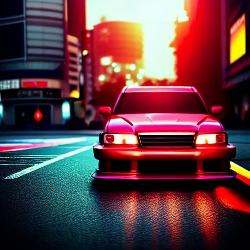 Image similar to a car drifting JZX100 in middle of road, shibuya prefecture, city sunset, cinematic color, photorealistic, highly detailed, bokeh, octane render