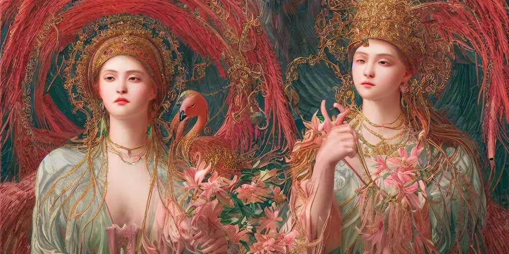 Image similar to breathtaking detailed concept art painting of the goddess of flamingo, orthodox saint, with anxious, piercing eyes, ornate background, amalgamation of leaves and flowers, by Hsiao-Ron Cheng and John James Audubon, extremely moody lighting, 8K