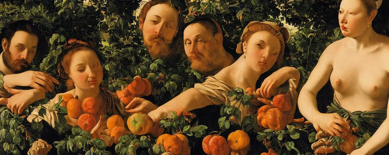 Image similar to men and women, closeup portrait, garden with fruits on trees, ultra detailed, Orazio Gentileschi style