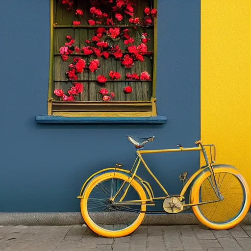 Image similar to a beautiful stunning fantasy digital matte painting of a vintage yellow Schwinn bicycle with a basket of red roses on the front propped up against a blue wall, docu-style photography painted in the style of Grzegorz greg rutkowski, nostalgic heart-warming, trending on artstation hq