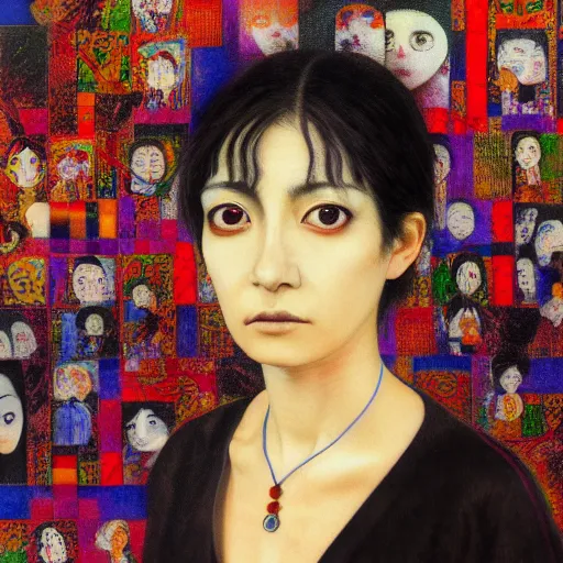 Image similar to yoshitaka amano blurred and dreamy realistic three quarter angle portrait of a mexican woman with short hair and black eyes wearing mariachi suit, junji ito abstract patterns in the background, satoshi kon anime, noisy film grain effect, highly detailed, renaissance oil painting, weird portrait angle, blurred lost edges