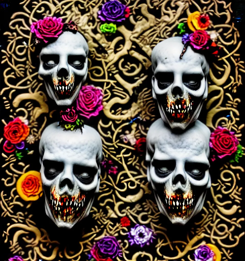 Prompt: zombie, punk rock, young male, death mask, grotesquerie, grotto, multicolored faces, fruit and flowers, gemstones for eyes, botanical, vanitas, sculptural, baroque, rococo, intricate detail, spiral, ornamental, kaleidoscopic, soft, elegant, beautiful