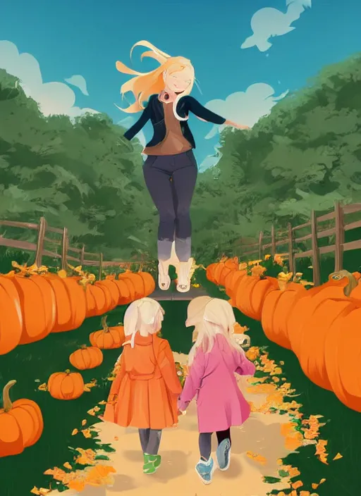 Image similar to little girl with long blonde hair visiting a pumpkin patch. clean cel shaded vector art. shutterstock. behance hd by lois van baarle, artgerm, helen huang, by makoto shinkai and ilya kuvshinov, rossdraws, illustration, art by ilya kuvshinov