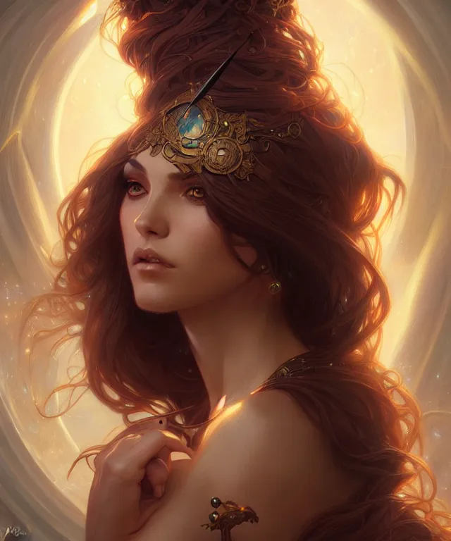 Image similar to fantasy magic woman portrait, sci-fi, amber eyes, face, long hair, fantasy, intricate, elegant, highly detailed, digital painting, artstation, concept art, smooth, sharp focus, illustration, art by artgerm and greg rutkowski and alphonse mucha