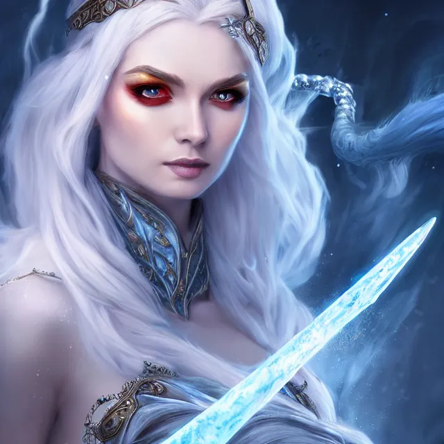 Image similar to beautiful elemental ice witch with ornate robes and staff, highly detailed, 4 k, hdr, smooth, sharp focus, high resolution, award - winning photo, artgerm, photorealistic